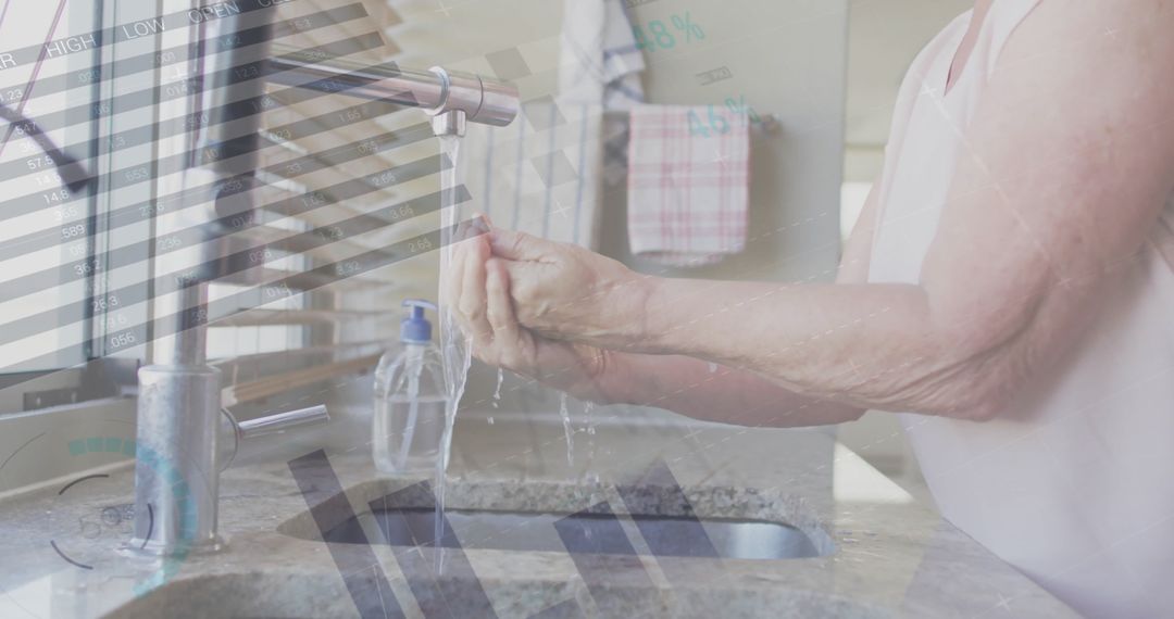 Senior Woman Washing Hands with Overlay of Financial Graphs