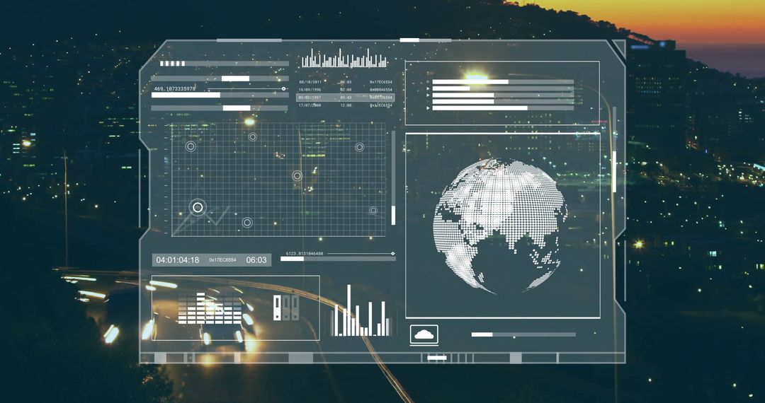 Futuristic Digital Interface with Globe and Data Over Cityscape