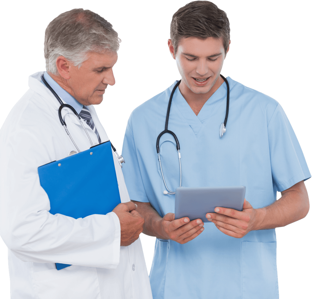 Transparent Image of Two Male Doctors Consulting with Tablet