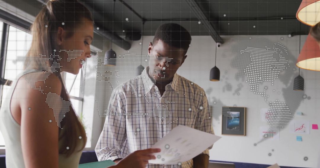 Collaborative Business Meeting with Diverse Team and Financial Data Overlay