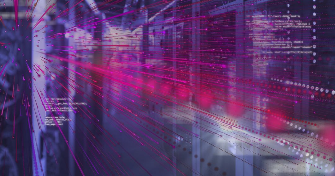 Futuristic Data Center with Streaming Light Streaks Downs Aisle