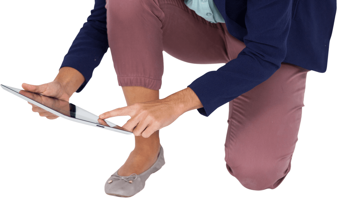 Transparent Kneeling Businesswoman Using Digital Tablet