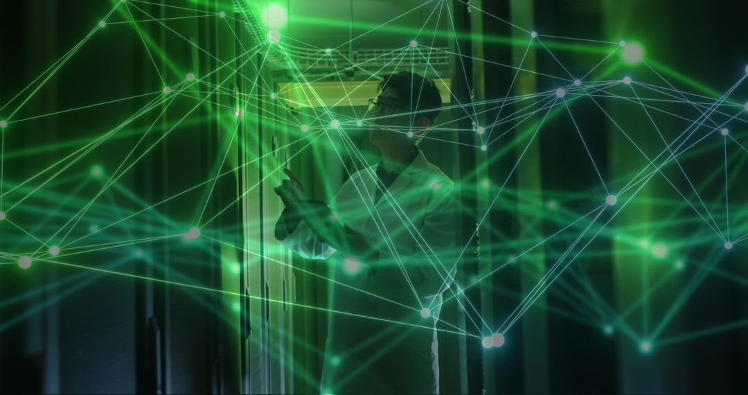 IT Technician Analyzing Digital Network in Server Room