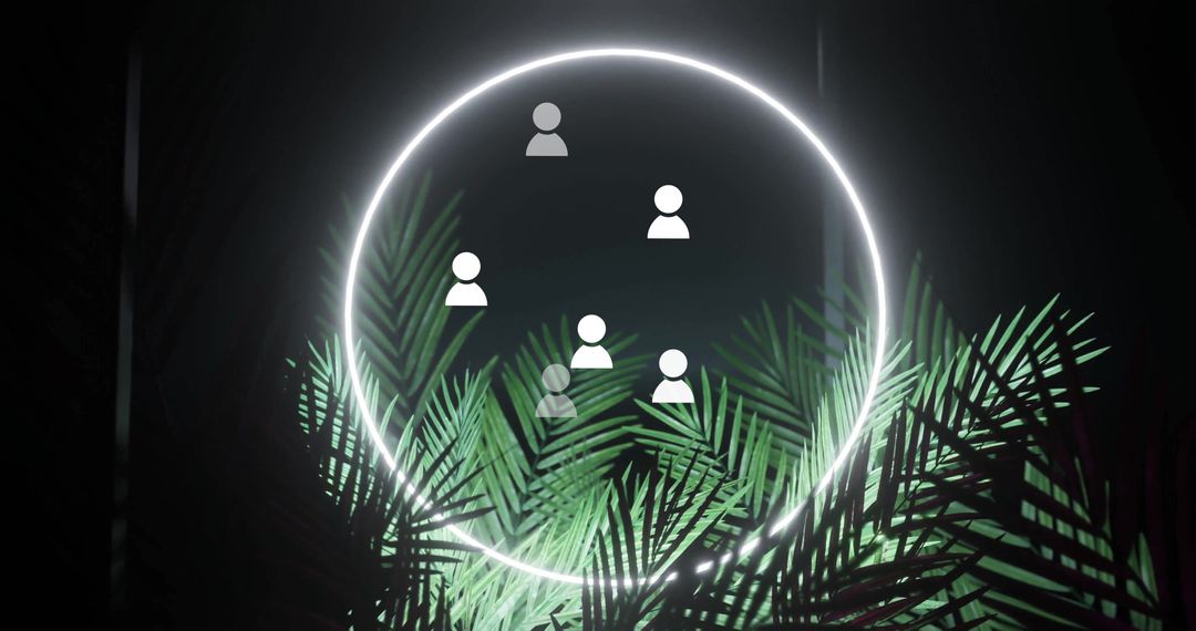 Neon Ring with Avatars Floating Above Palm Leaves in Dark Gallery