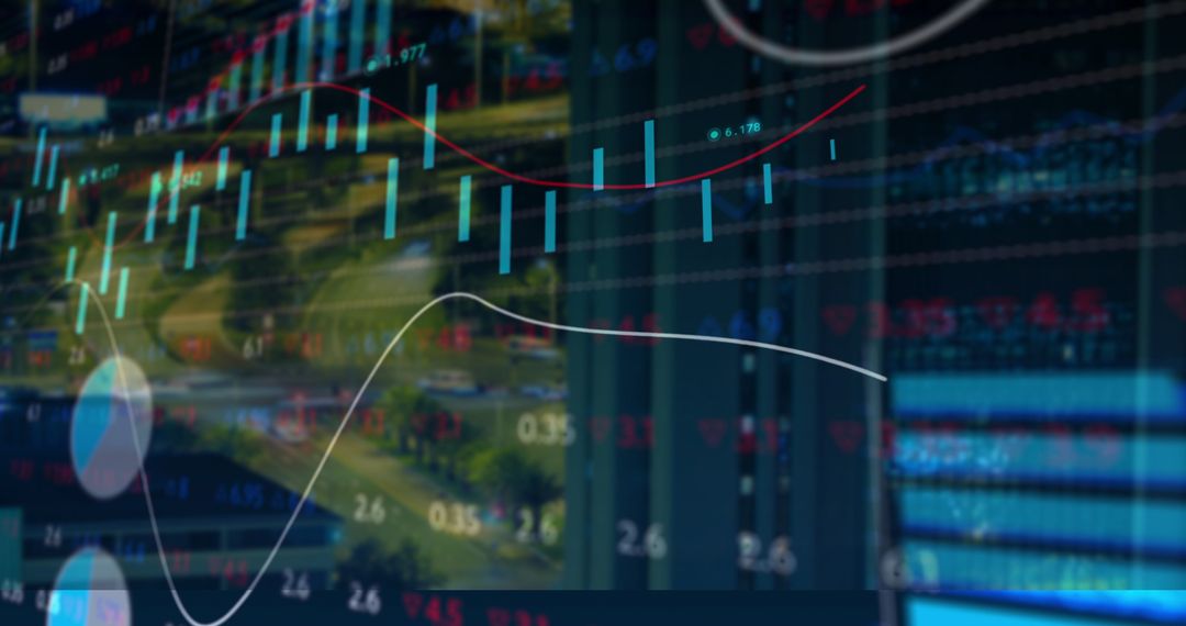 Abstract Financial Graphs Overlaid on Futuristic Cityscape