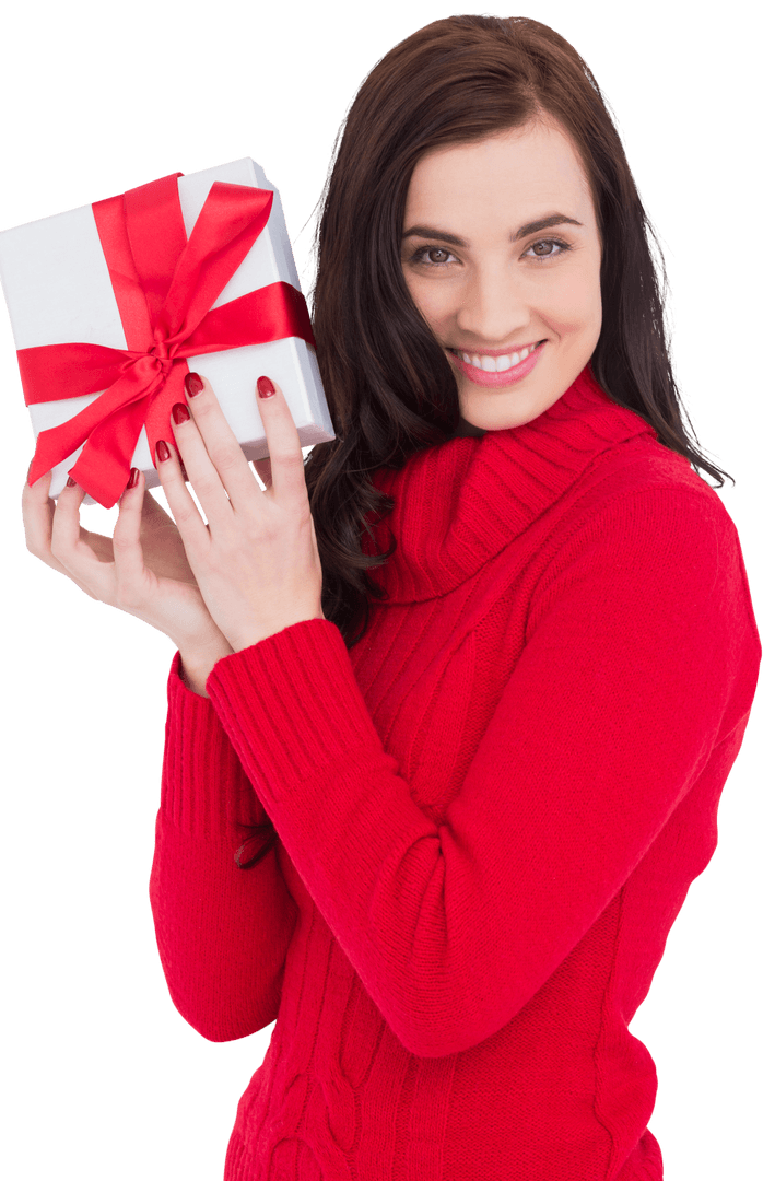 Smiling Woman Holding Gift with Red Ribbon on Transparent Background