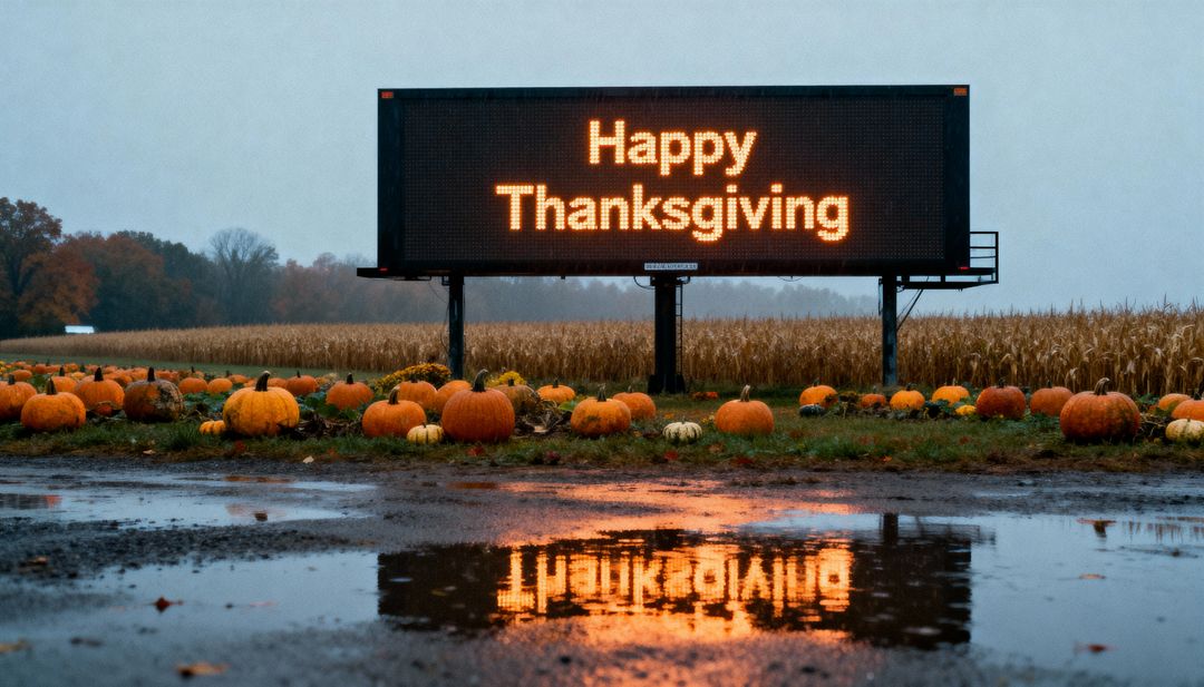 Happy Thanksgiving LED Billboard over Pumpkin Patch Reflecting in Rain Puddle at Dusk