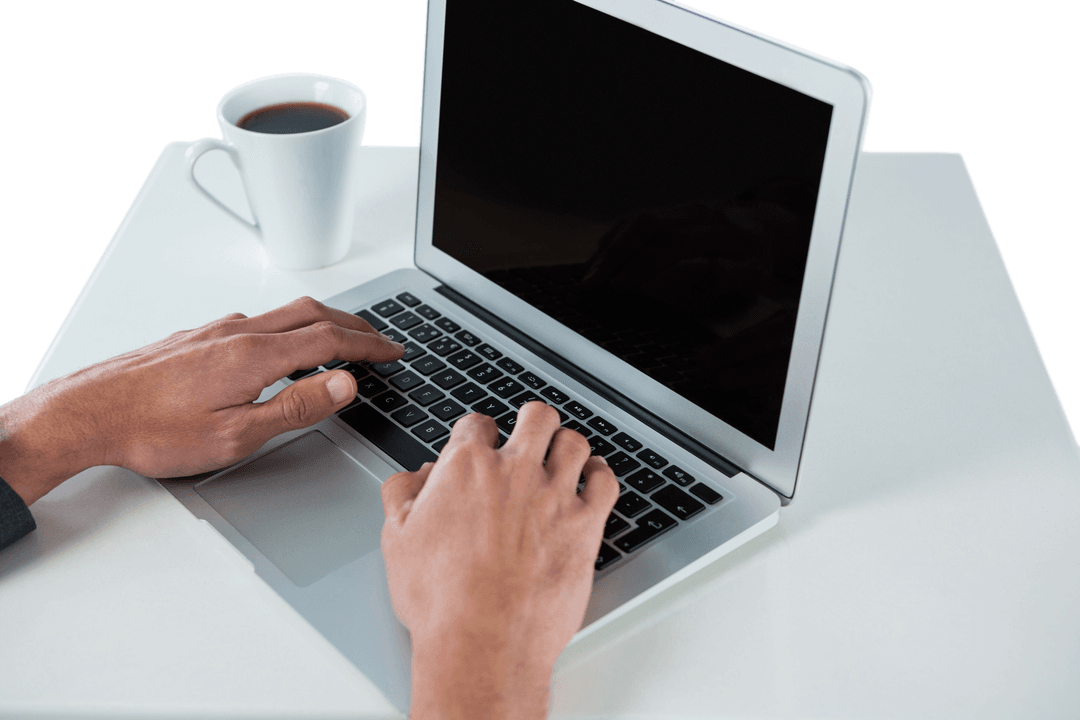 Transparent Hands Typing on Laptop with Coffee on Side