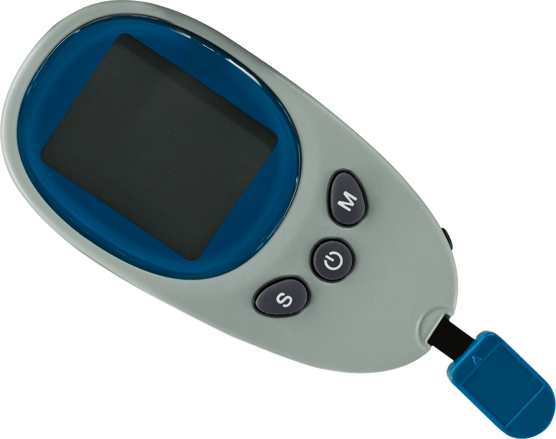 Digital Glucose Meter with Test Strip on Transparent Background