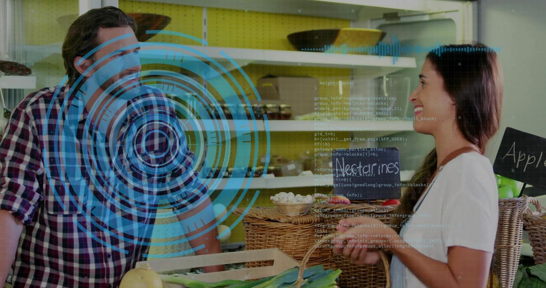 Augmented reality market interaction with vendor and customer inspecting fresh produce