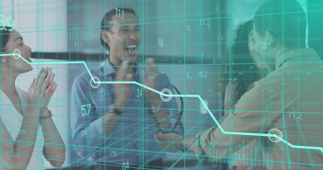 Business Team Celebrating Partnership with Handshake and Digital Analytics Overlay