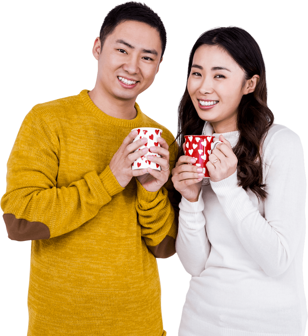 Transparent Background of Smiling Couple with Coffee Mugs