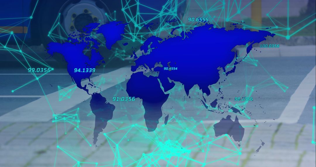 Digital World Map with Glowing Connections in Urban Background