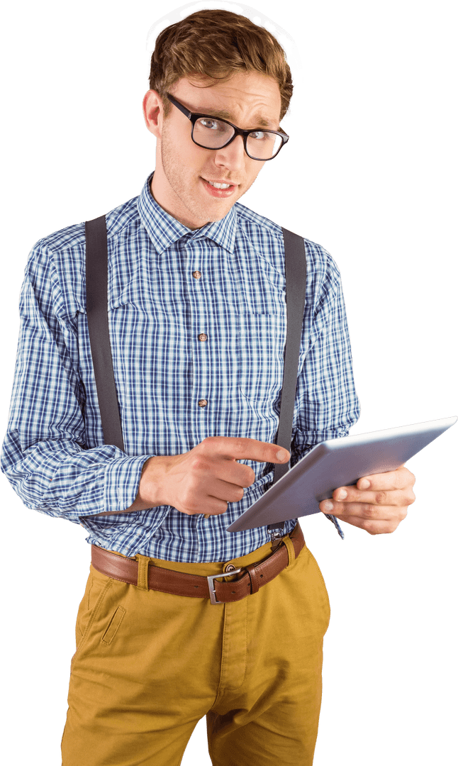 Transparent Background of Young Man Using Tablet Analytical Pose