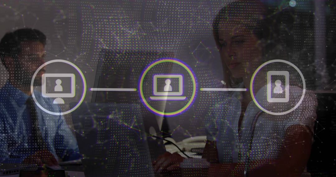 Team Collaboration in Modern Tech Workspace with Digital Network Graphics