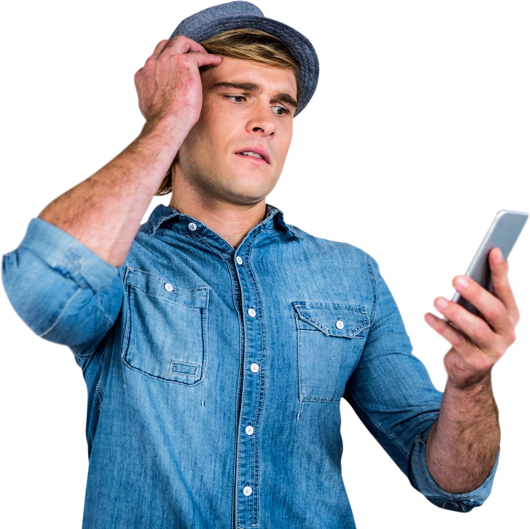 Stylish Individual in Denim Transparently Reacting to Smartphone Content - Download Free Stock Images Pikwizard.com