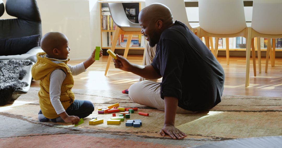 Father and Son Bonding Time with Building Blocks at Home