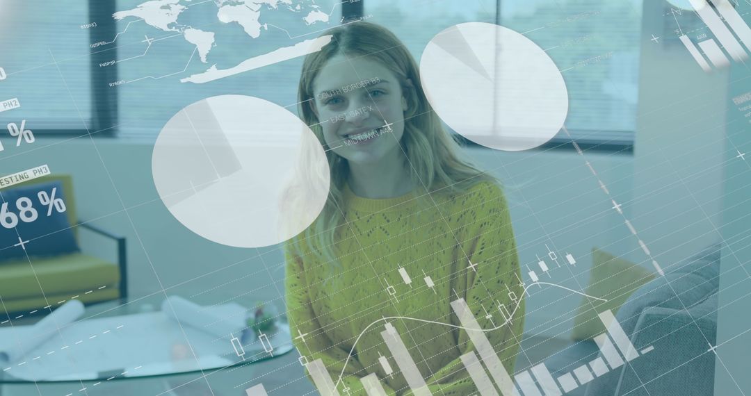 Smiling Businesswoman with Financial Data Overlays in Modern Office