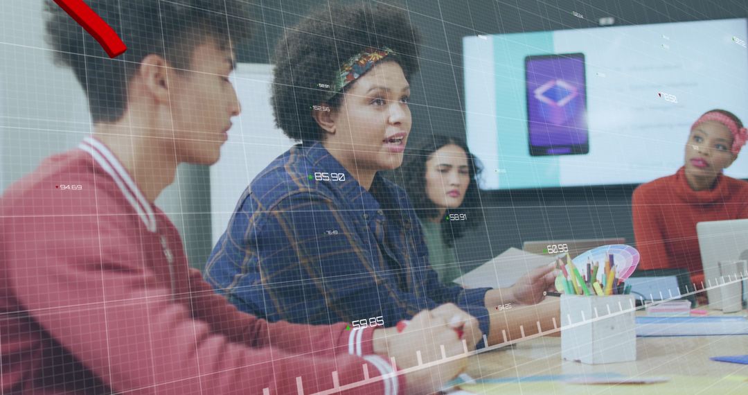 Diverse Team Analyzing Data Overlay in Modern Office Space