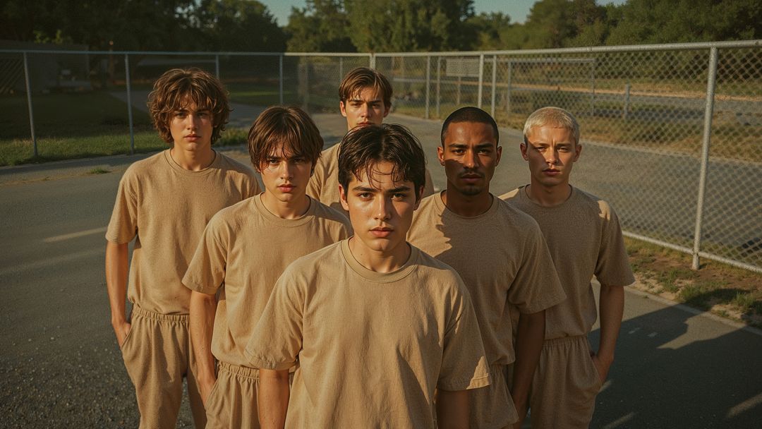 Group of Males in Matching Beige Outfits Symbolizing Unity and Teamwork