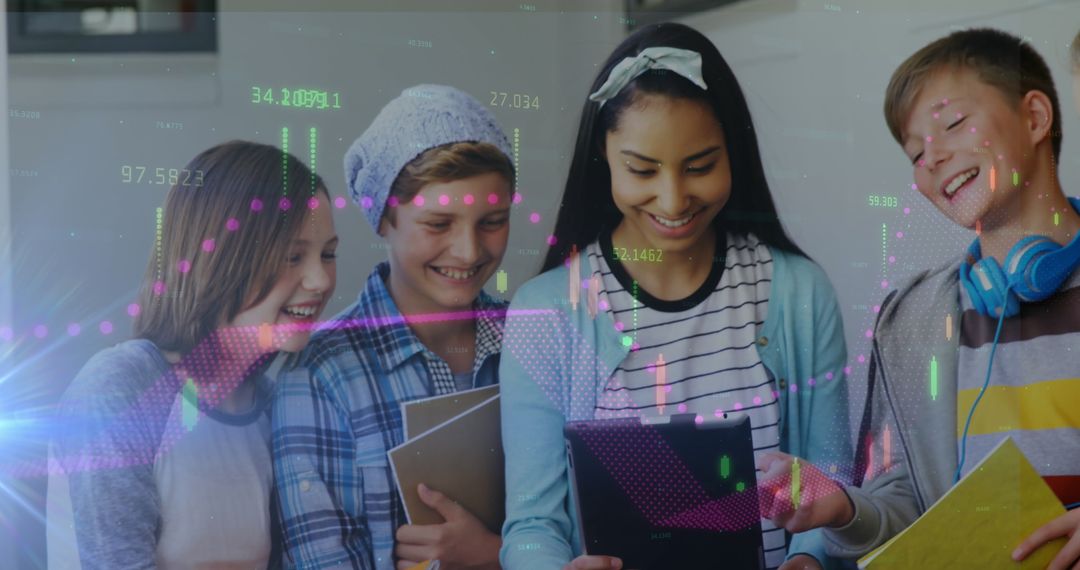 Students Engaging with Digital Learning Technology in School Hallway