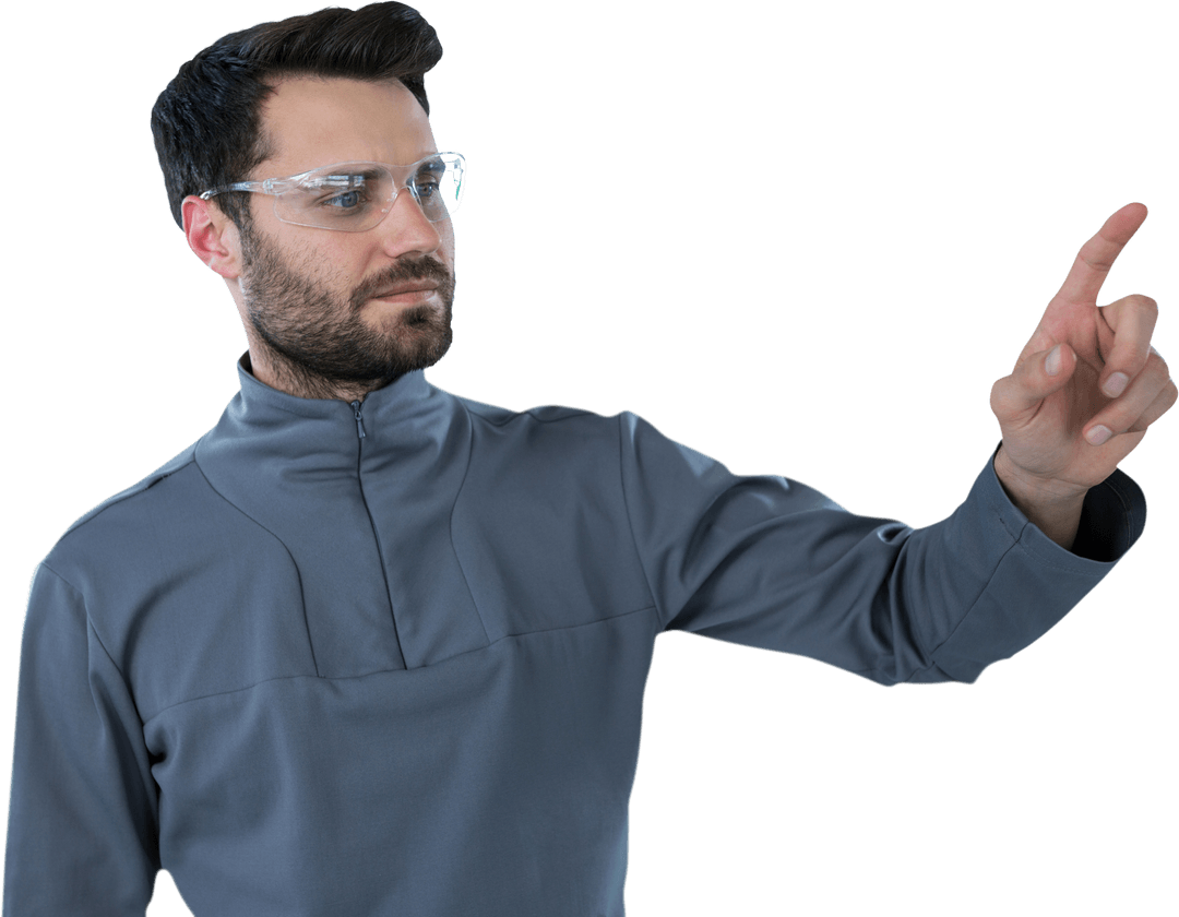 Man Wearing Safety Glasses Interacting with Transparent Interface