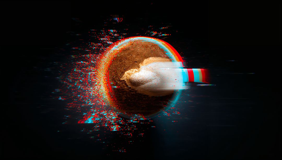 Glitch Coffee Cup Exploding into RGB Particles with Cream Swirl and Chromatic Distortion