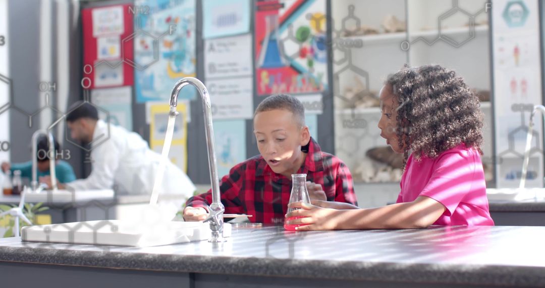 Curious Children Conducting Science Experiments in Chemistry Classroom