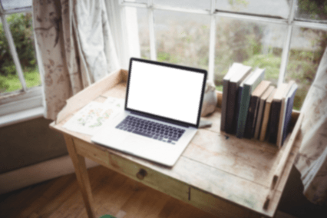 Transparent Laptop on Rustic Table Home Office Books