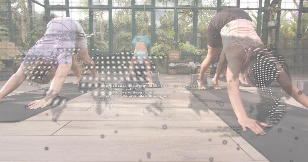 Group Practicing Downward Dog in Glass Greenhouse with Digital World Map Overlay