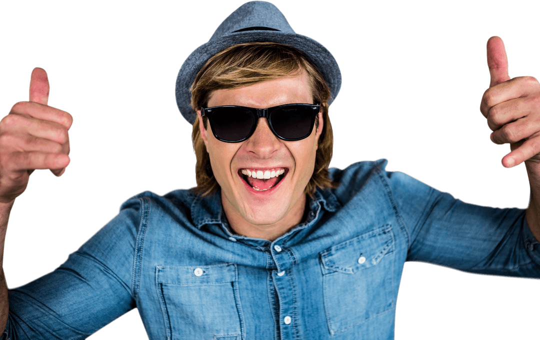 Cheerful Hipster Giving Thumbs Up in Denim and Sunglasses on Transparent Background