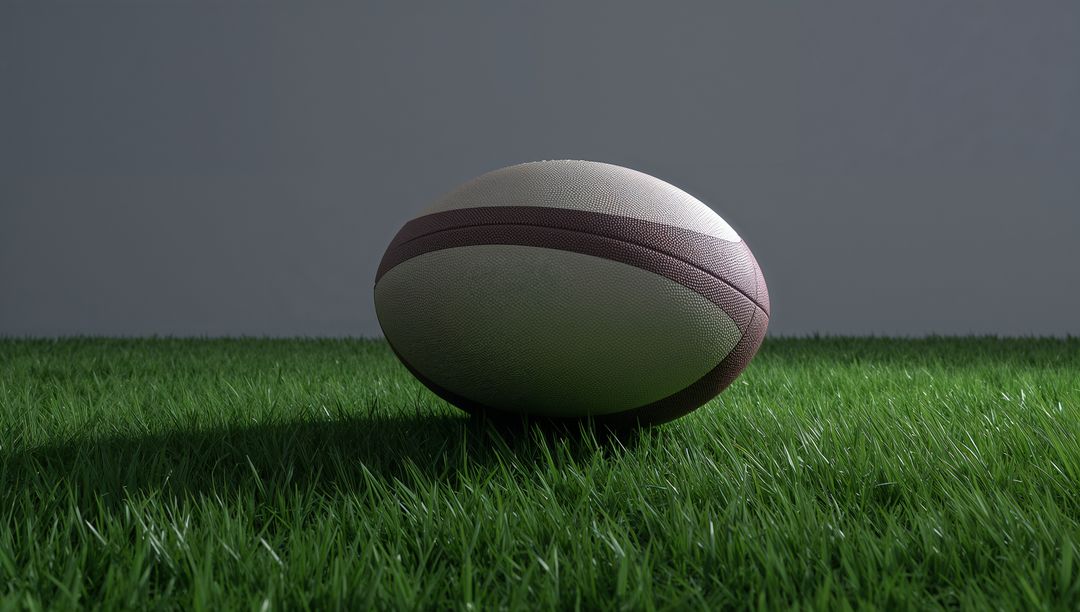 American Football Resting on Grass Against Grey Backdrop