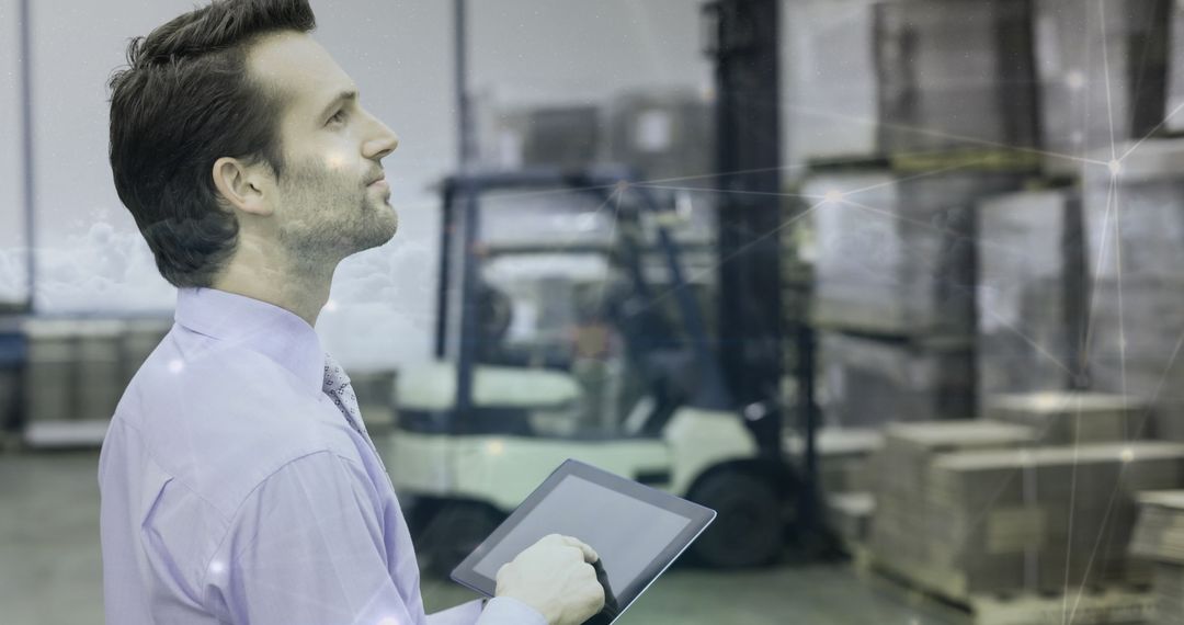Warehouse Manager Overseeing Inventory with Tablet Technology