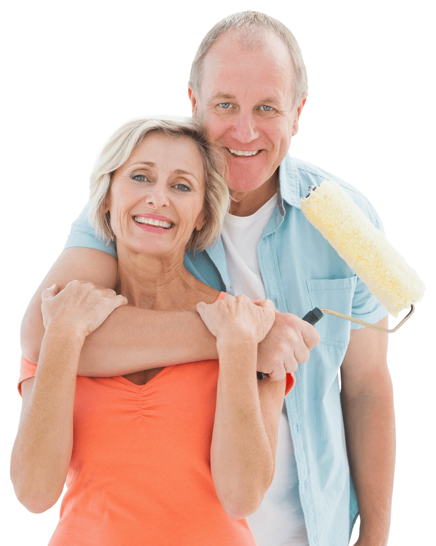 Happy Senior Couple Embracing with Paint Roller on Transparent Background