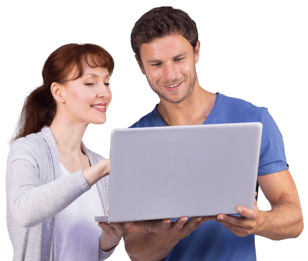 Smiling Couple Engaging with Transparent Laptop Display