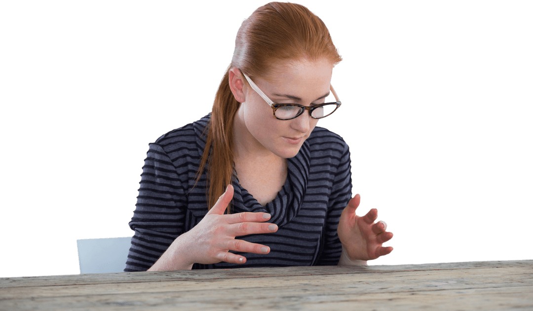 Businesswoman Exploring Transparent Innovation at Wooden Table