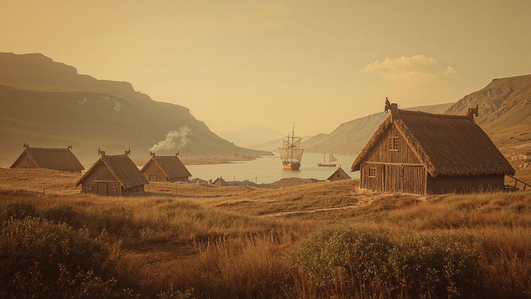 Coastal valley with rustic thatched viking huts and sailing ship