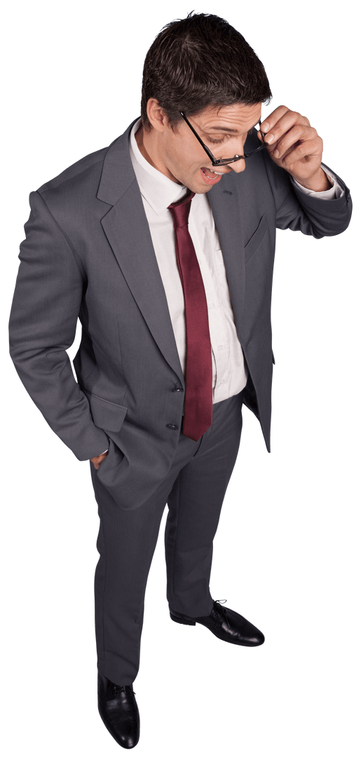 Transparent Businessman Adjusting Glasses in Thoughtful Pose