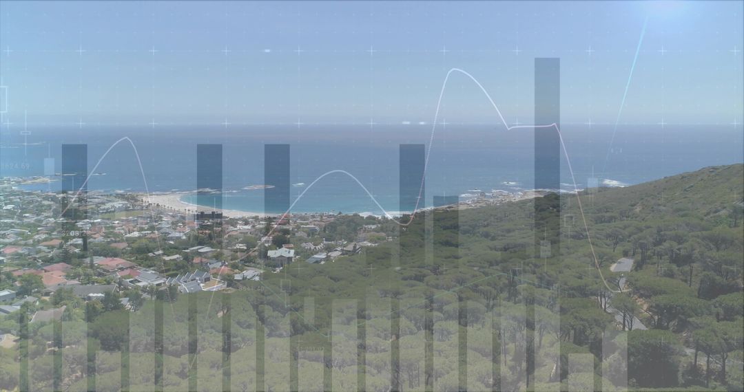Coastal View and Urban Landscape with Overlayed Data Visualization