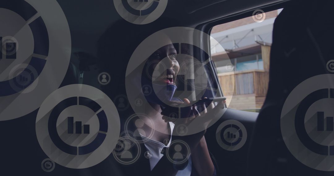 Laughing Woman in Car Engaged with Smartphone and Overlay Technology Icons