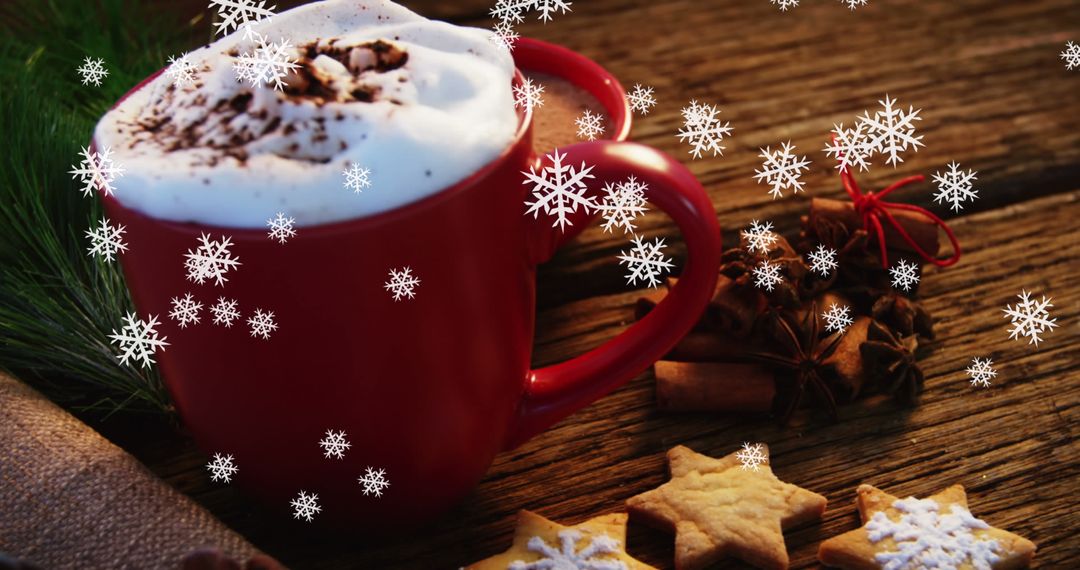 Mug of Hot Chocolate with Snowflakes and Star Cookies