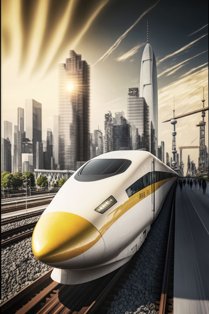 Image of modern train on tracks over sun and modern city, created using generative ai technology - Free Images, Stock Photos and Pictures on Pikwizard.com
