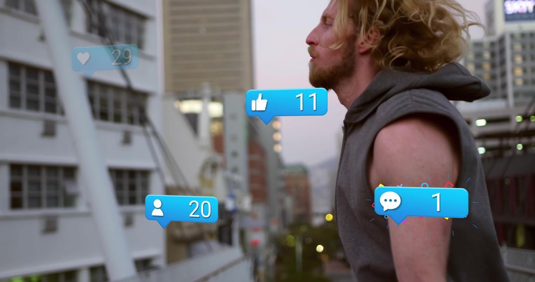 Man Engaged with Digital Media Notifications in Urban Cityscape