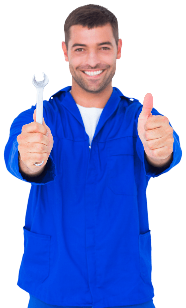 Cheerful Mechanic Offering Thumbs Up with Spanner on Transparent Background