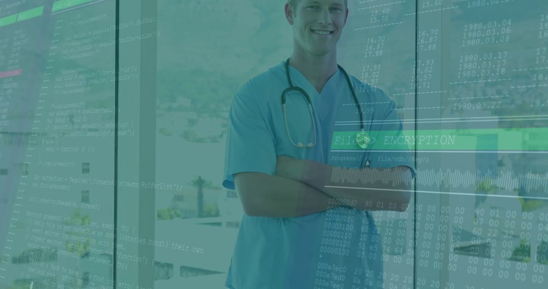 Smiling Doctor with Stethoscope over Encrypted Code Overlay