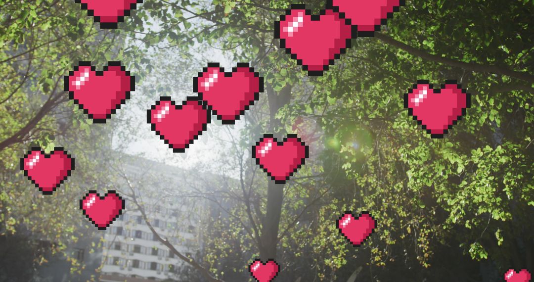 Pixel Heart Icons Floating in Sunny Park