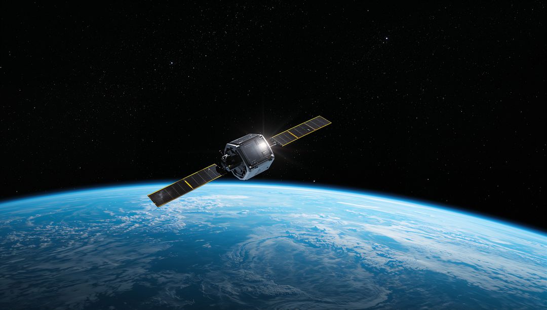 Satellite Reflecting Sunlight While Orbiting Earth with Starry Sky