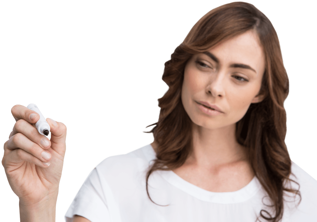 Caucasian Woman Writing with Marker on Transparent Background