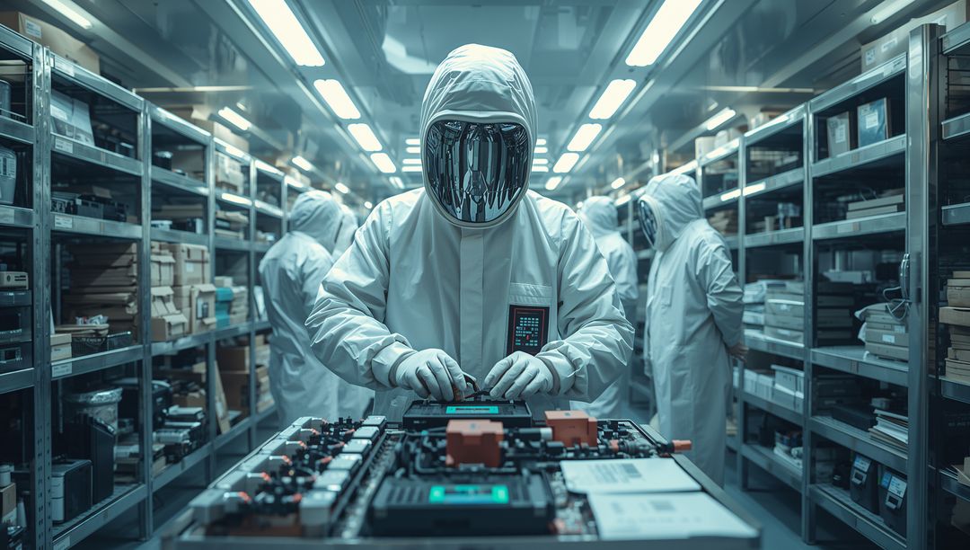 Technician Assembling Circuitry in Cutting-edge Cleanroom Environment