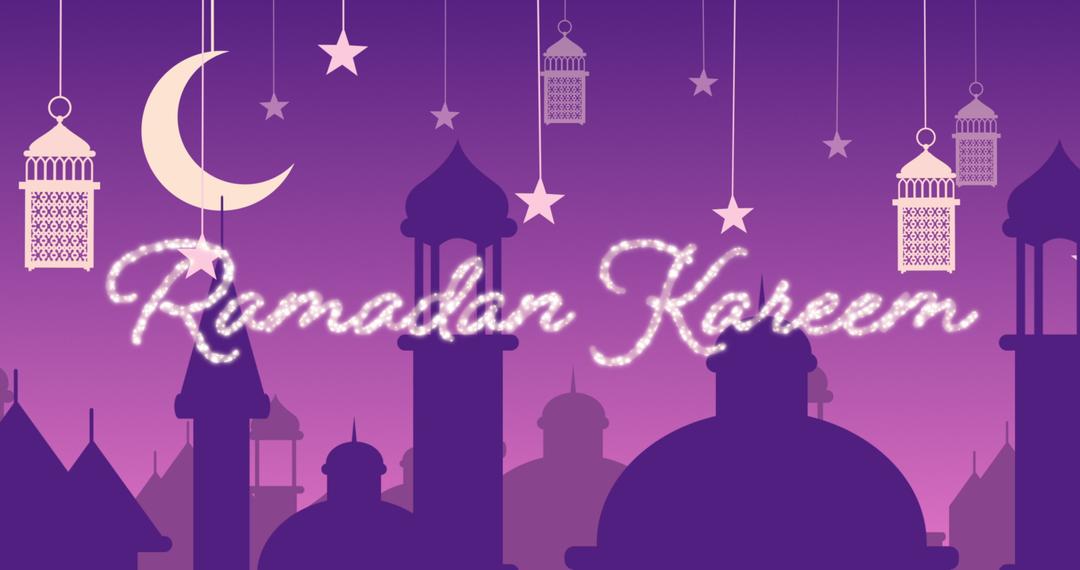 Ramadan Kareem Greeting with Lanterns and Moon on Purple Background - Free Images, Stock Photos and Pictures on Pikwizard.com